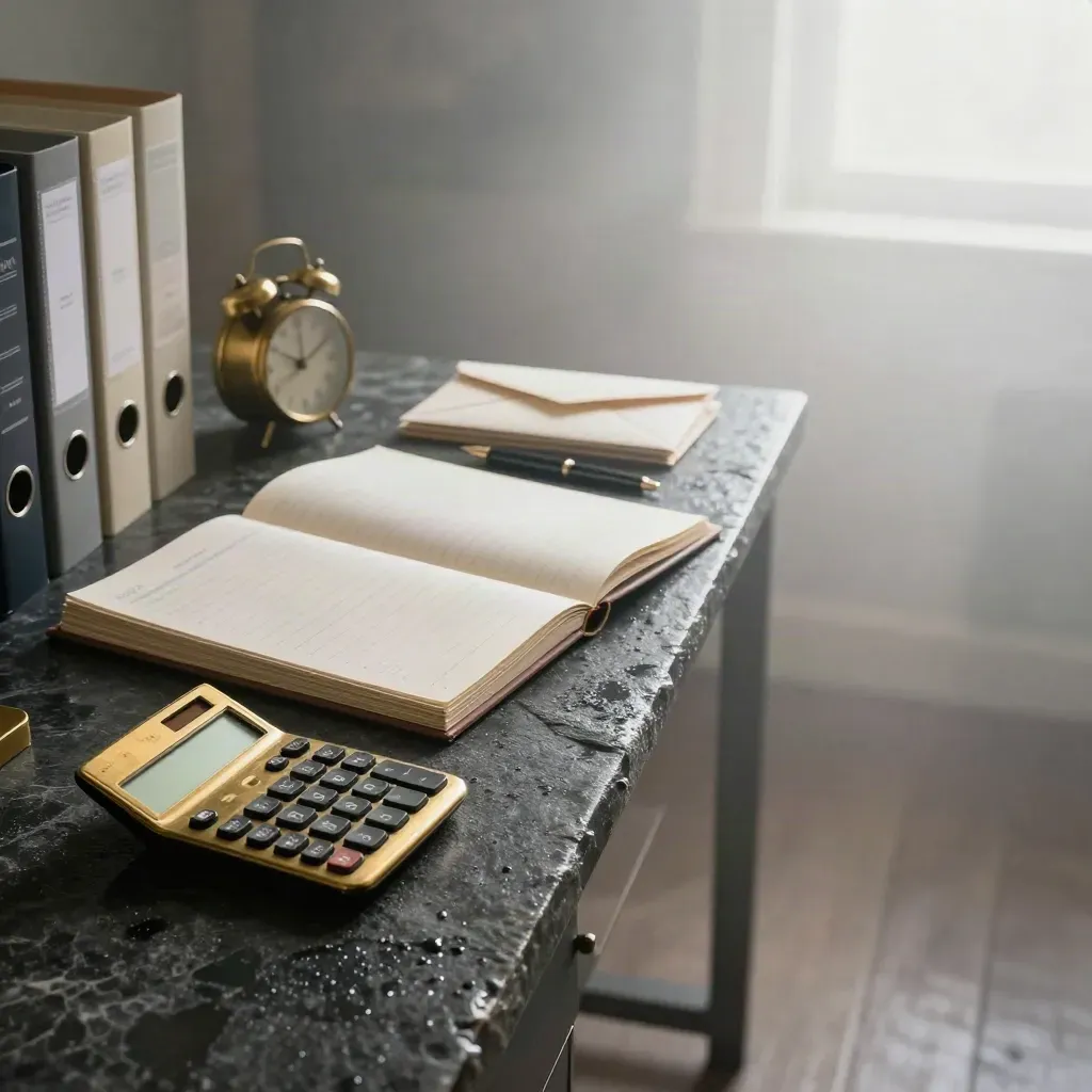 Scrivania premium con calcolatrice, faldone, penna, buste e orologio in luce mattutina