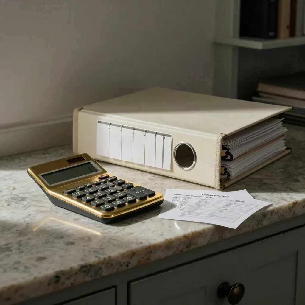 Calcolatrice in ottone, raccoglitore avorio e tab indice su piano in pietra.
