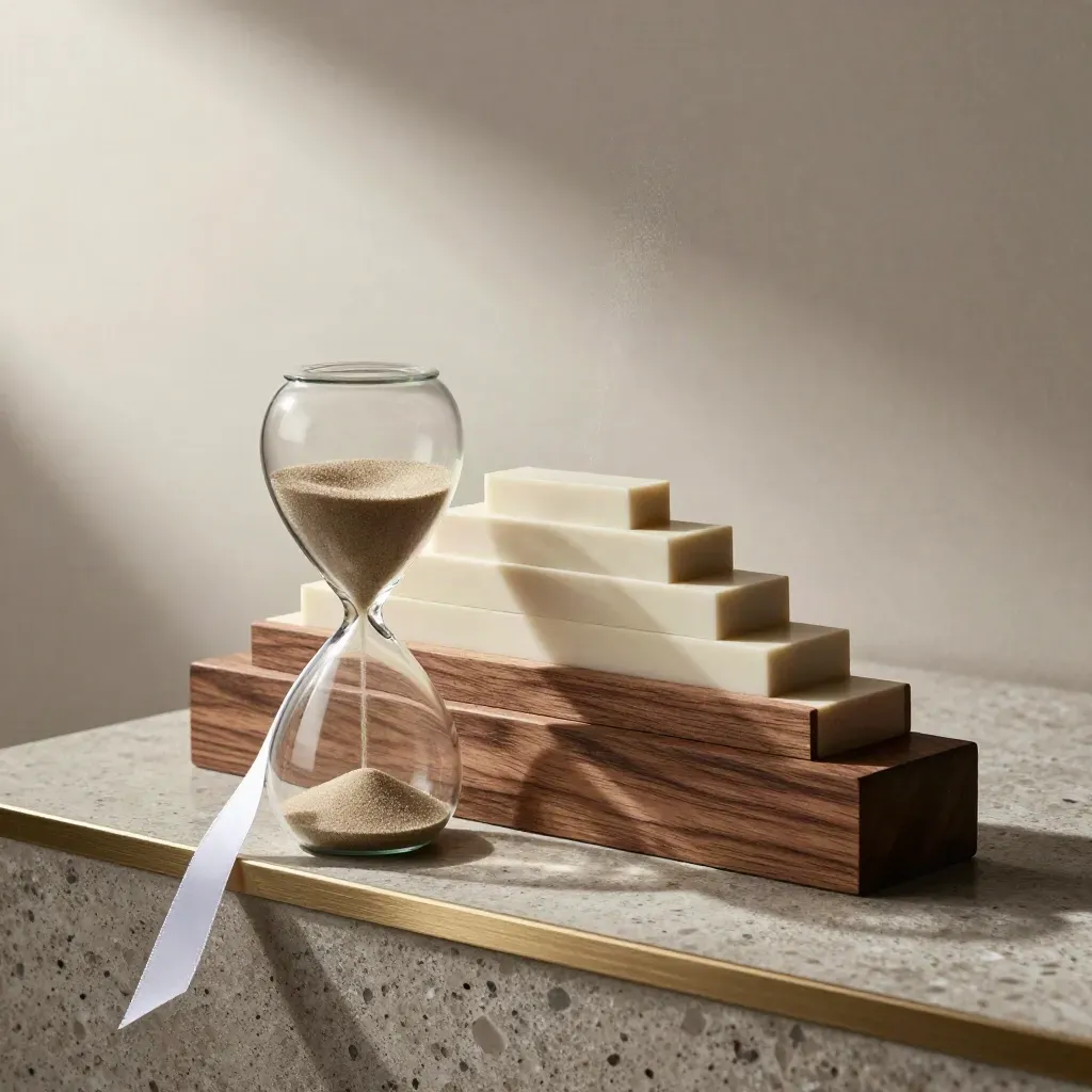 Due clessidre, fascicoli a gradini e nastro bianco in movimento, su una base di travertino.