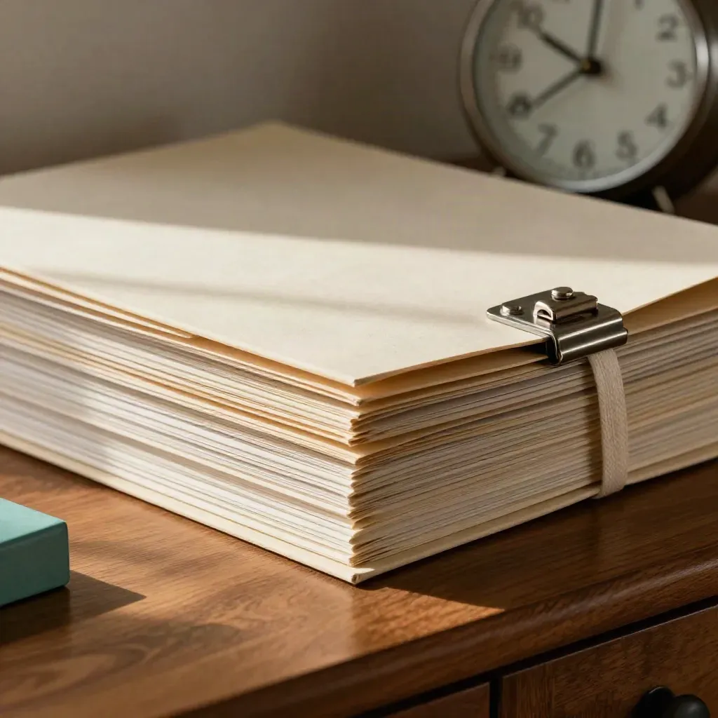 Archivio pensione ordinato su credenza, cartella sigillata e orologio sullo sfondo.
