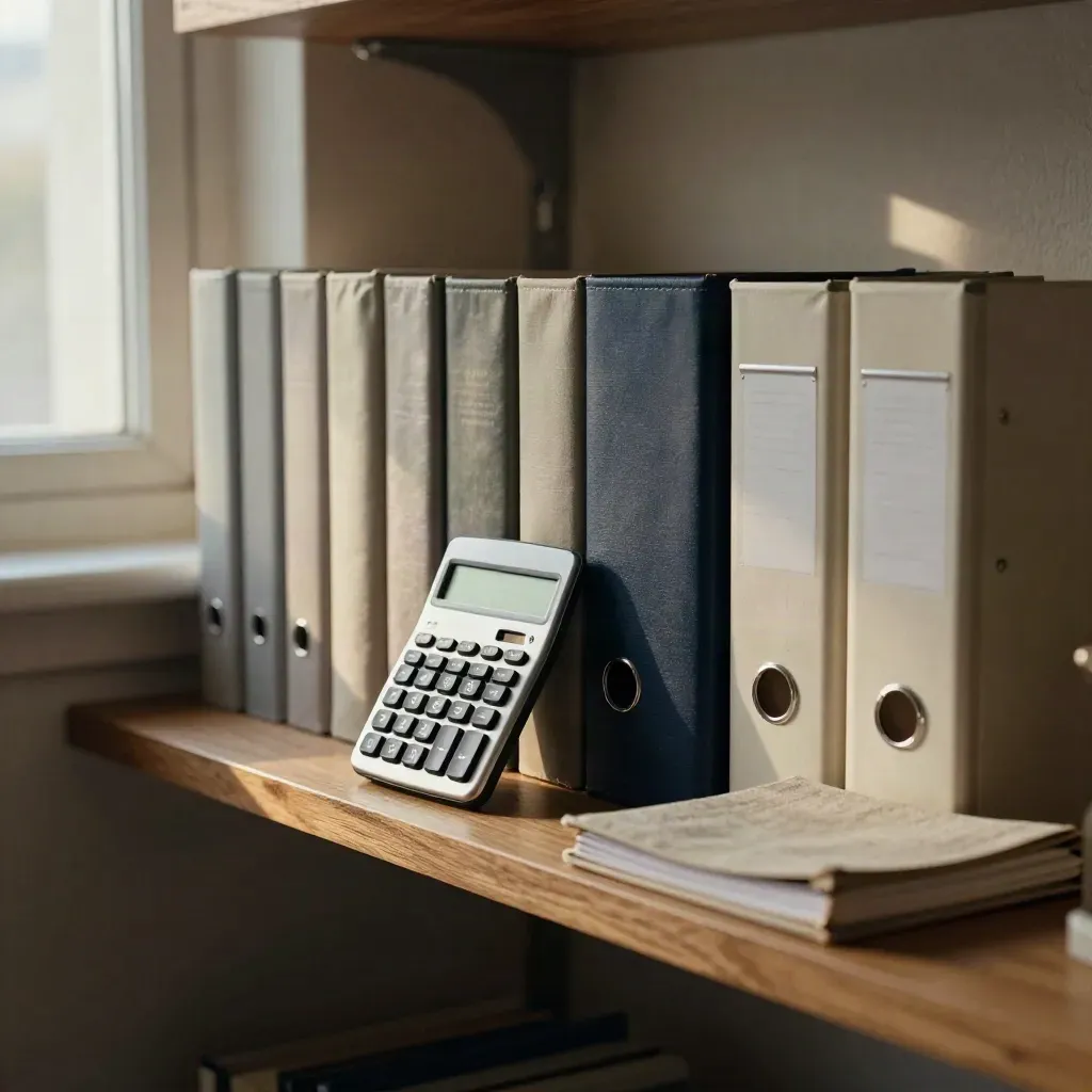 Scaffale d’ufficio con registri rilegati, calcolatrice e contenitori archivio ordinati.