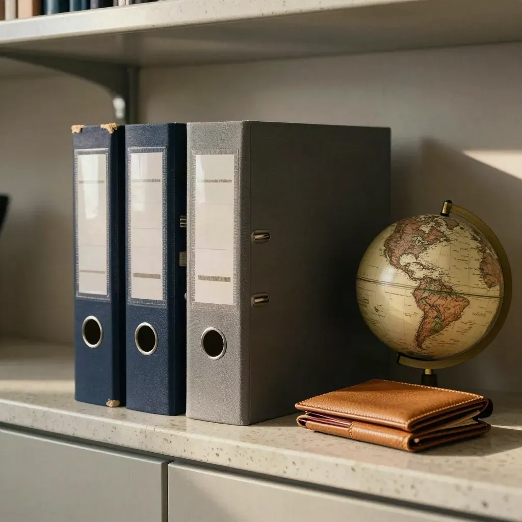 Cartelline archivio, mappamondo e portadocumenti da viaggio su travertino, luce morbida.