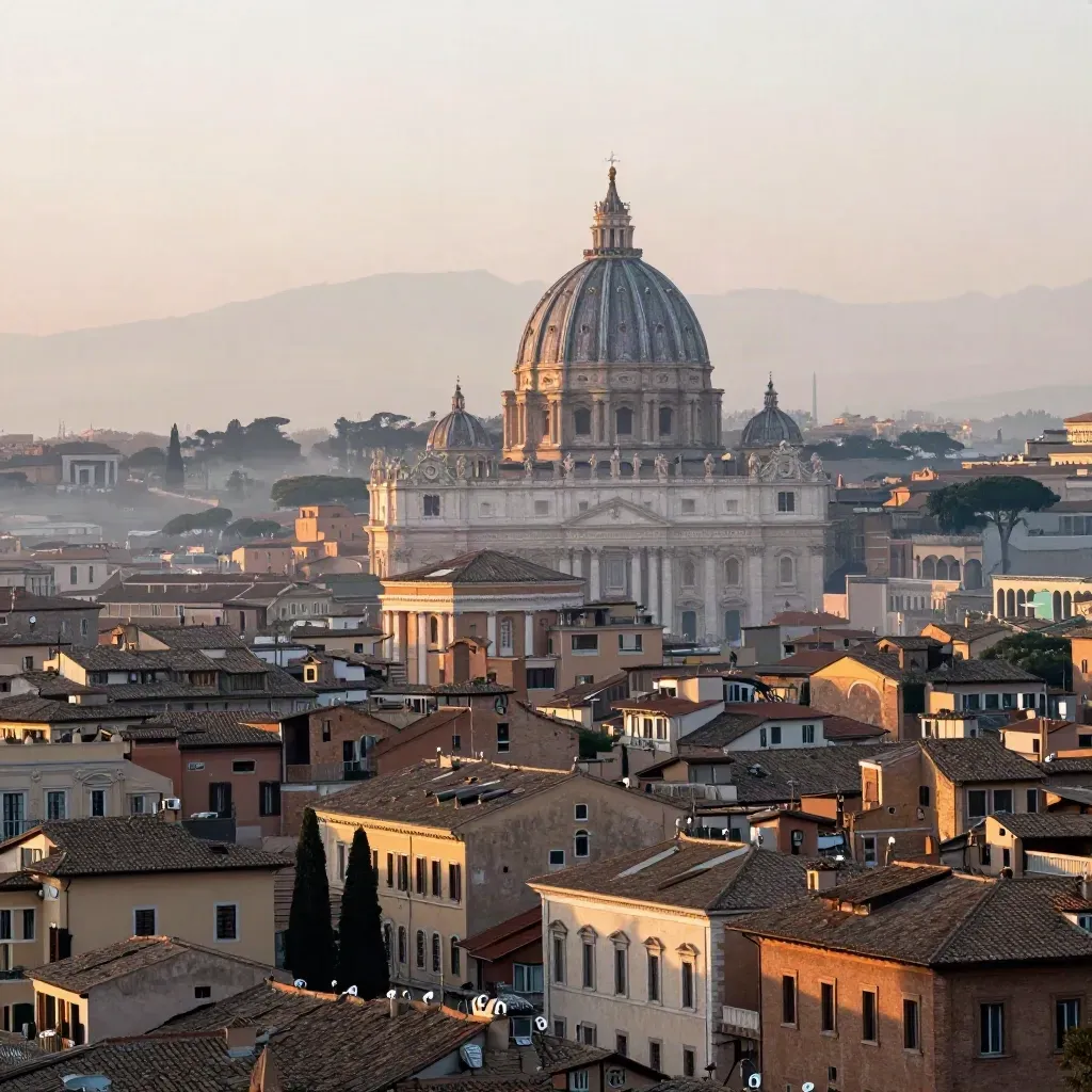 Roma all’alba con cupola e tetti in lieve nebbia, spazio calmo per il testo