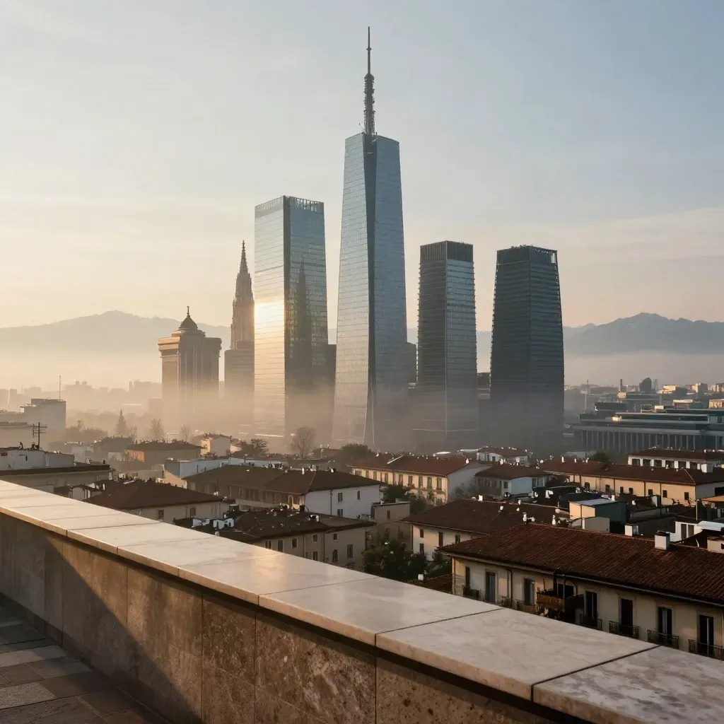 Panorama di Milano al tramonto con nebbia bassa e Alpi lontane