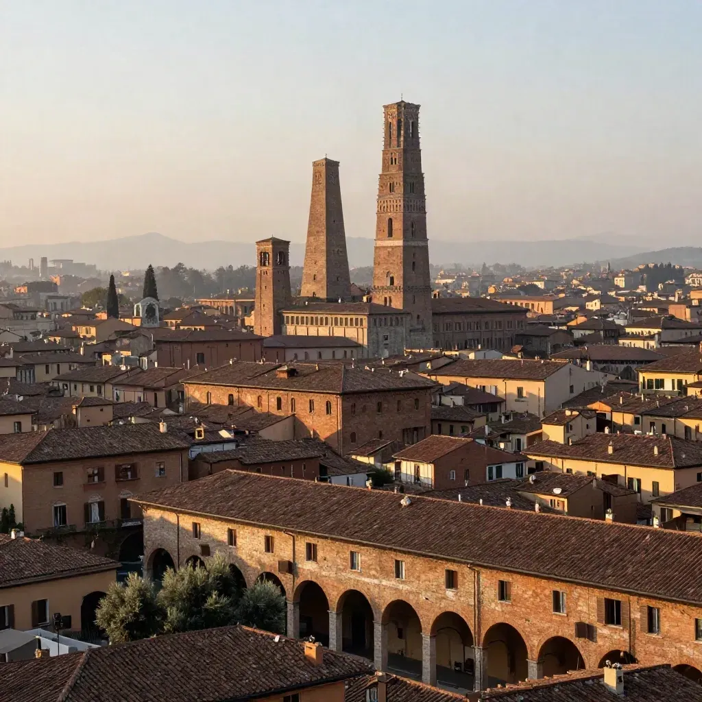 Le Due Torri di Bologna sopra i tetti di terracotta nella luce della sera