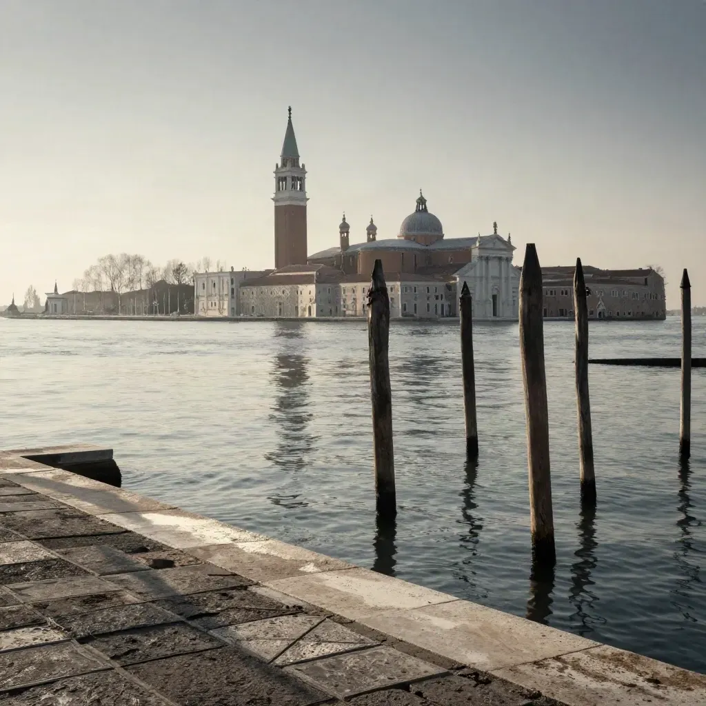 Veduta della laguna di Venezia con San Giorgio, briccole e acqua calma in controluce